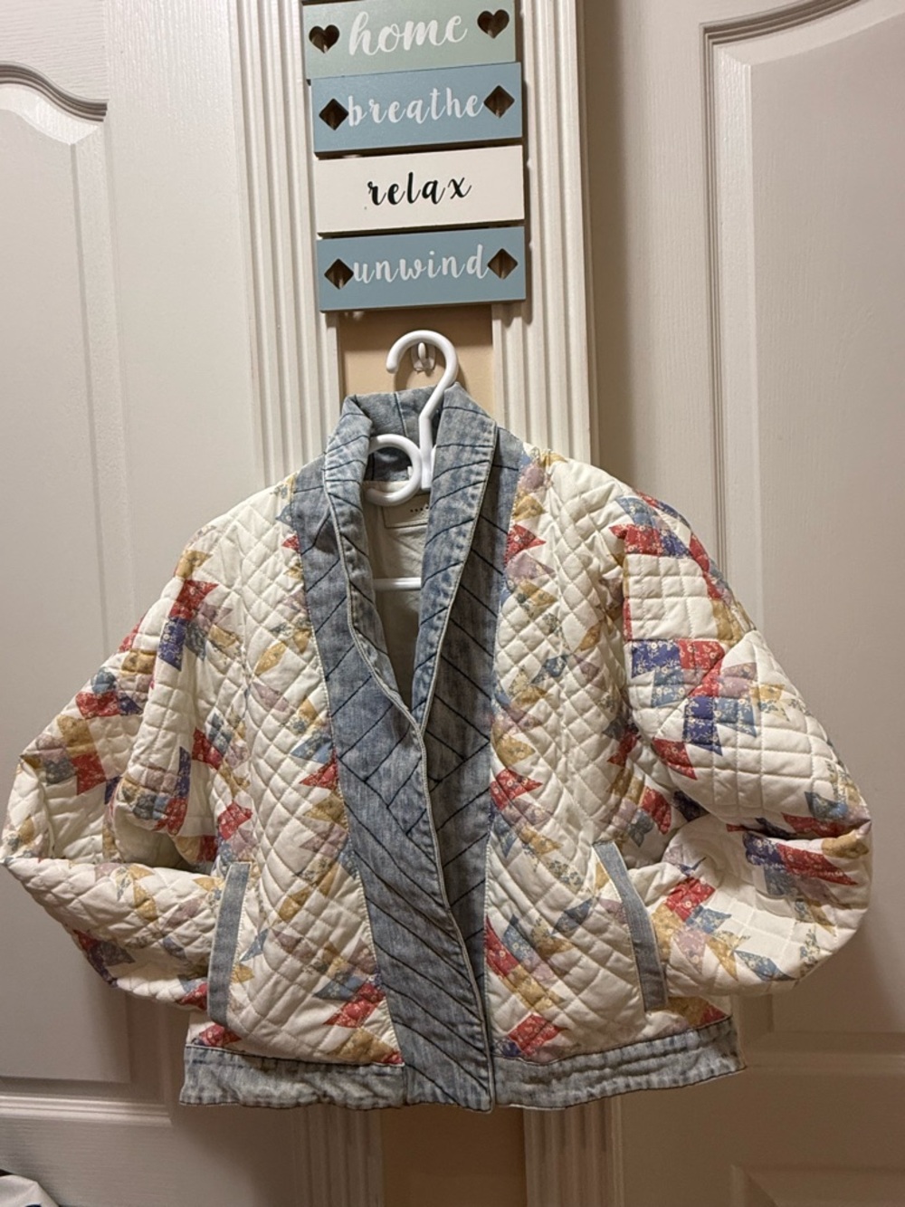 Blank NYC Cream Lined Jacket with Blue Denim Hood Trim